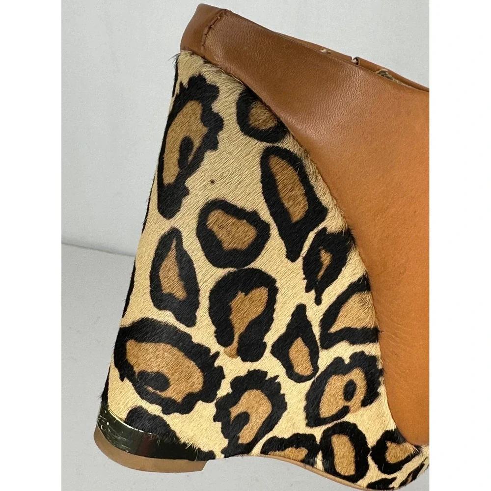 Sam Edelman Kylie Tan Leather Leopard Hair Wedge Peep Toe Mules Mob Wife8.5